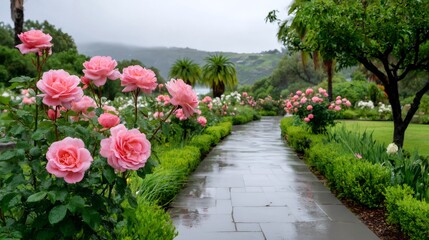 Pink roses blooming in a rainy botanical garden with a stone path