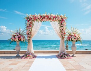 Oceanfront Wedding Arch, Floral Elegance, Azure Sky
