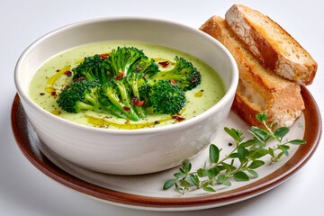 Broccoli cream soup seasoned with olive oil and chili flakes garnished with thyme and toasted bread
