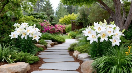White lilies bordering a stone path winding through a lush garden