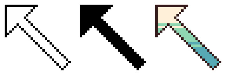 Diagonal Straight Arrow, Pixel Art Icon Set with Variation in Monochrome and Color