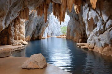Stalactites hanging from ceiling of cave reflecting in underground lake