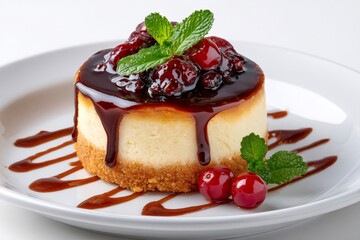 Mini cheesecake with chocolate topping and cherries is waiting on white plate