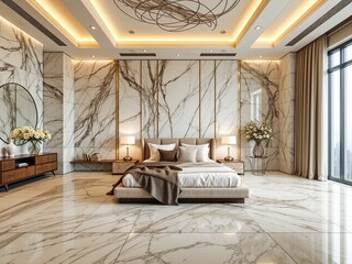 Spacious Beige Bedroom with Marble Accents