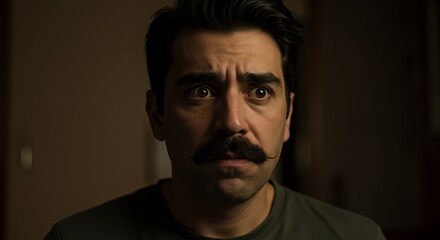 Fototapeta premium A Close-Up Portrait of a Man with a Mustache, Showing Surprise or Fear