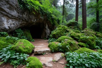 Stone path leading to mysterious dark cave entrance covered by moss and plants