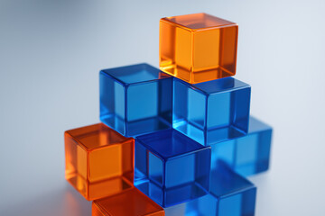 Obraz premium Translucent blue and orange glass cubes arranged in a geometric stack on a reflective, minimalist surface