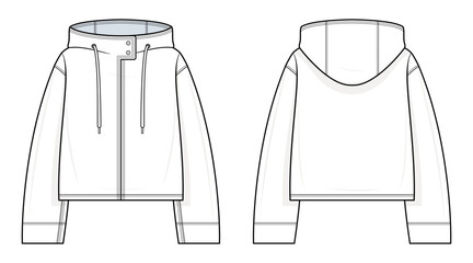 High-Collar Hoodie Technical Fashion Illustration. Cropped Hooded Jacket Vector Template. Long Sleeves with Cuffs. Front Zip Closure. Drawstring Hood. Outerwear. Front and Back View. CAD Mockup.