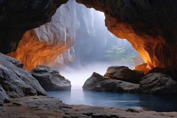 Sunlight illuminating rocks and fog inside a cave with water