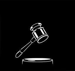 Gavel on Sound Block: A stark monochrome line art illustration depicts a gavel poised above a sound block, symbolizing justice, law, and authority.