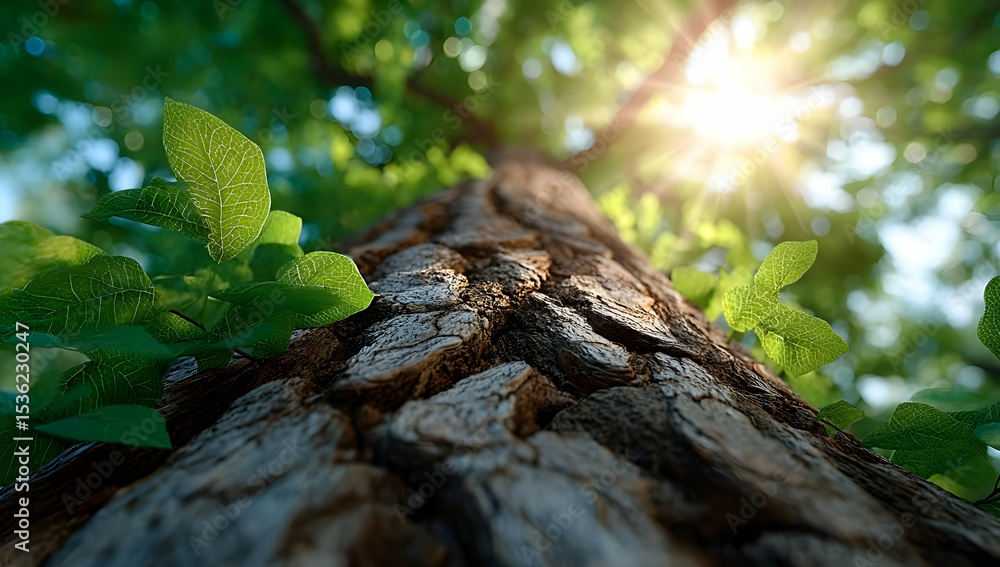 Poster a stunning view looking up a tree trunk with vibrant green leaves and sunlight filtering through the