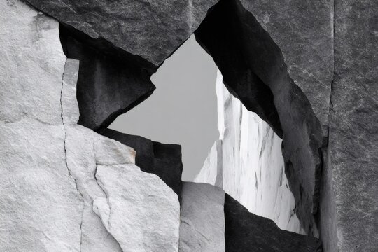 Triangular opening revealing gray sky among contrasting black and white rocks