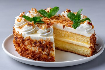 Delicious coconut cake with whipped cream and mint leaves is waiting for celebration
