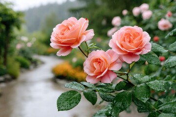 Delicate pink roses blooming in the rain in a lush garden