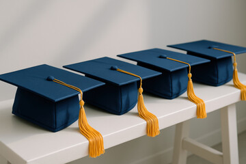 Four navy blue graduation caps with yellow tassels arranged neatly on a white bench in a bright interior space