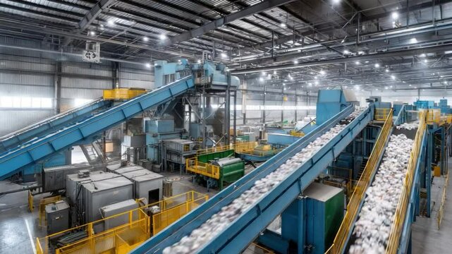 Cotton Processing Conveyor: Bales of raw cotton move along a network of conveyor belts in a vast processing plant, illuminated by bright industrial lighting.