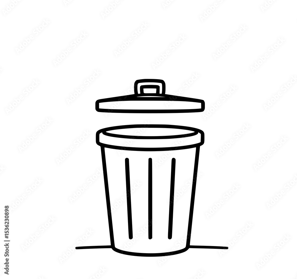 Poster open trash can: a simple line art illustration of a trash can with its lid ajar, depicting a clean a