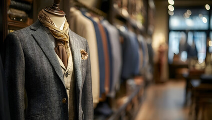 Fototapeta premium Elegant menswear display showcasing tailored suits and accessories in a sophisticated retail environment.