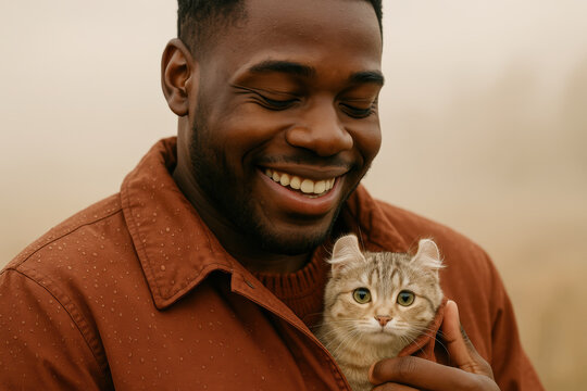 Smiling young man in brown jacket holding adorable tabby kitten close outdoors on a misty morning, expressing warmth and joy