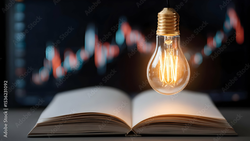 Poster light bulb illuminating an open book with financial graphs in the background, symbolizing knowledge 