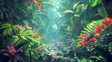 A vibrant jungle teeming with creatures and color

