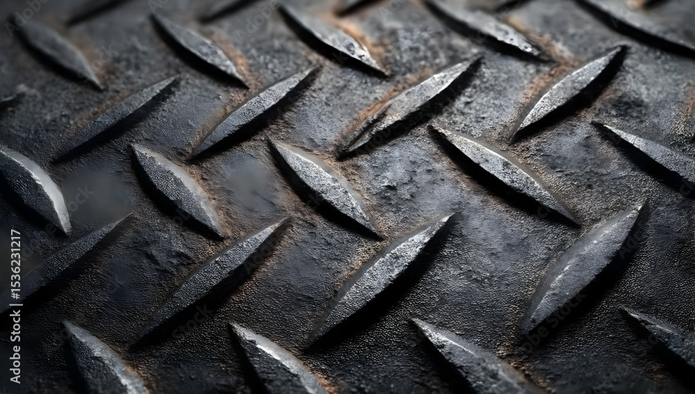 Poster close-up of textured metal surface with diamond pattern, showcasing a rusty and weathered appearance