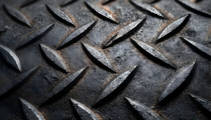 Close-up of textured metal surface with diamond pattern, showcasing a rusty and weathered appearance.