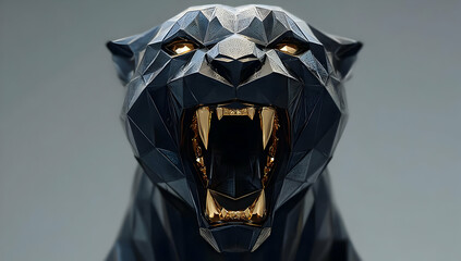 A striking low-poly black panther sculpture with a fierce expression and shining gold accents, perfect for modern decor.