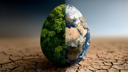 A striking image of an egg symbolizing Earth, depicting lush greenery and parched land, illustrating environmental contrasts.