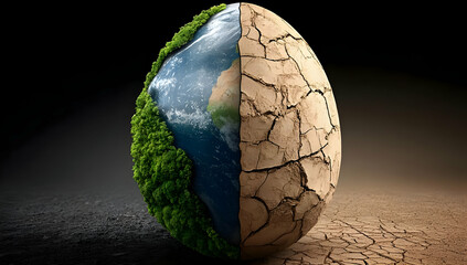 A split image of an egg representing Earth, showcasing vibrant nature on one side and dry cracked soil on the other.