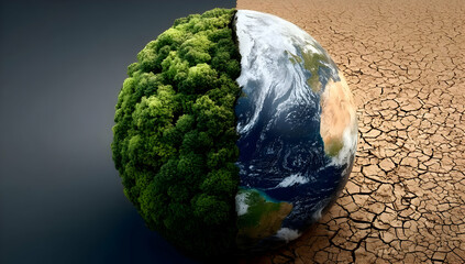 A striking depiction of the Earth split between lush greenery and arid, cracked landscape, symbolizing climate change.