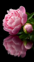 A stunning close-up of a blooming pink peony reflected beautifully against a dark background.