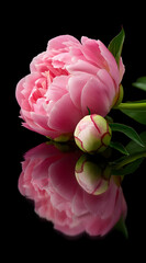 A beautiful pink peony flower reflecting gracefully on a dark surface, showcasing its lush petals and vibrant color.