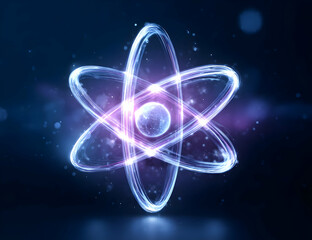 Illustration of an atom with glowing electron orbits, representing the fundamentals of molecular science and physics.