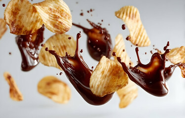 Delicious potato chips splashed with rich chocolate sauce, creating a surprising sweet and savory combination.