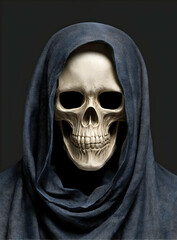 A haunting skull draped in a dark cloak, symbolizing mortality and the inevitability of death.