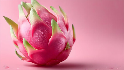 Close-up of a vibrant dragon fruit on a soft pink background, showcasing its unique texture and colors.