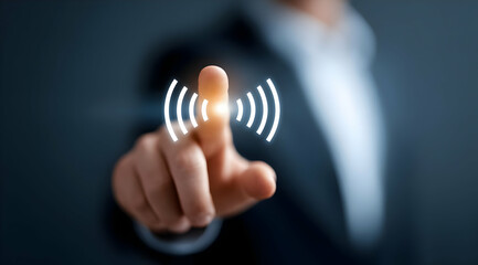 A close-up of a businessman touching a screen, illustrating digital interaction and modern technology.