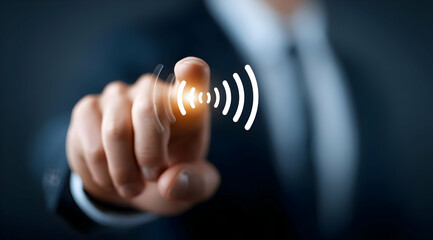 A businessman interacting with a touch-sensitive interface, showcasing innovation and connectivity in technology.