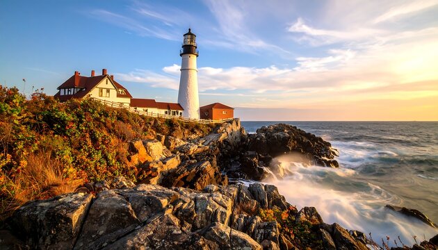 Golden hour lighthouse atop craggy cliff with sea waves hitting rocks