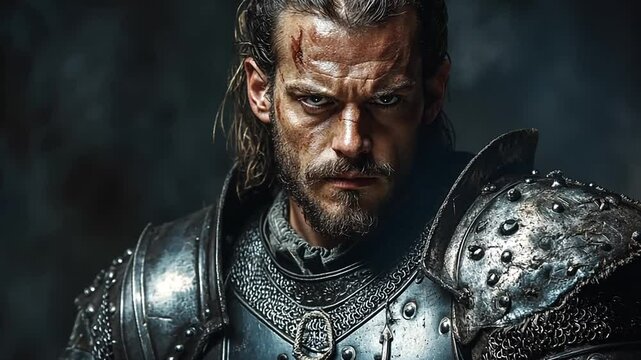 Intense portrait of a medieval knight with battle scars and resolute expression in armor