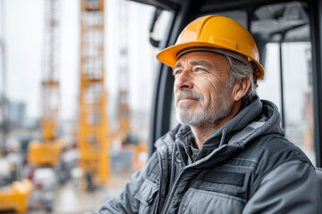 Worker operating excavator, side view with motion blur in background, realistic textures, 