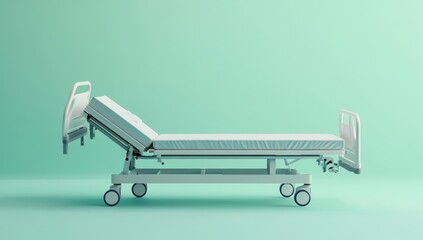 Vibrant and minimalist hospital bed on a pastel green background with copy space. 3D rendering illustration