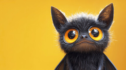 A fluffy black bat with huge orange eyes gazes intently against a yellow backdrop