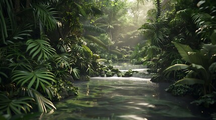 Naklejka premium A wild jungle river flowing through rich wilderness scene