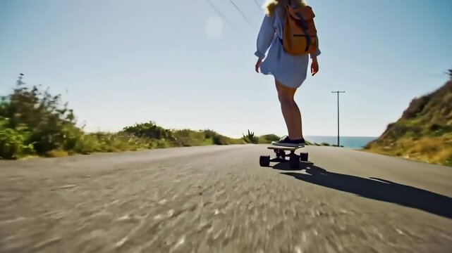 A woman riding a skateboard wearing a backpack along the coast with blue ocean water