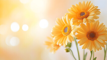 Obraz premium Beautiful yellow gerbera daisies blooming with soft bokeh effect and sunlit background