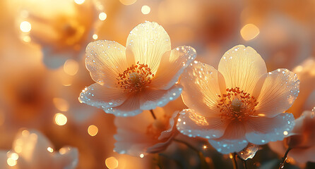 Fototapeta premium Orange flower mockup with dewdrops and dreamy warm bokeh