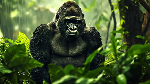 Magnificent silverback gorilla observing its domain in a lush tropical rainforest