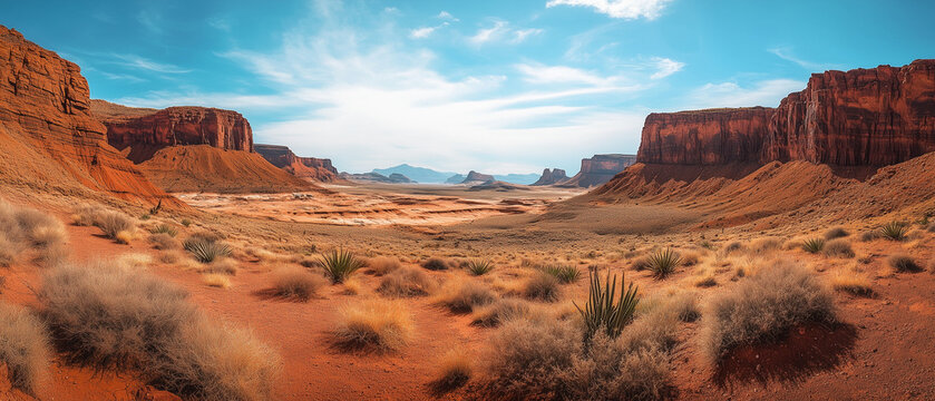 A panoramic photograph of layered red rock formations, worn by centuries of wind, under intense desert sunlight. Cacti and sparse shrubs dot the dry foreground. 